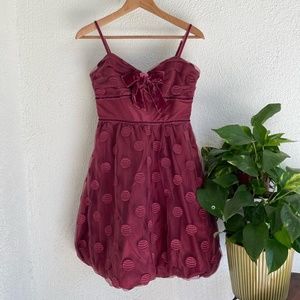Burgundy cranberry polka dot prom dress style by Betsy Johnson evening wear